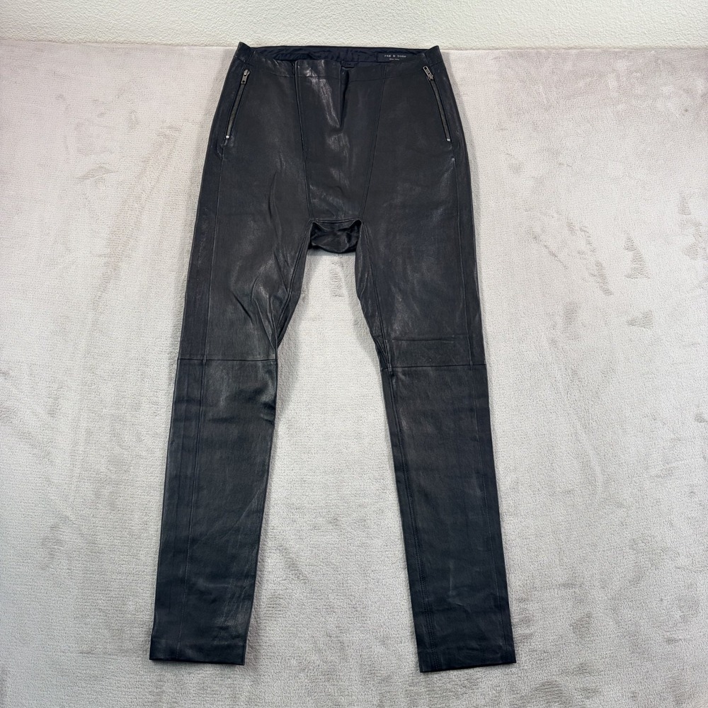 Rag & Bone Lamb Leather Drop Crotch Pants Black Women 2 Zip Pockets Moto $1295